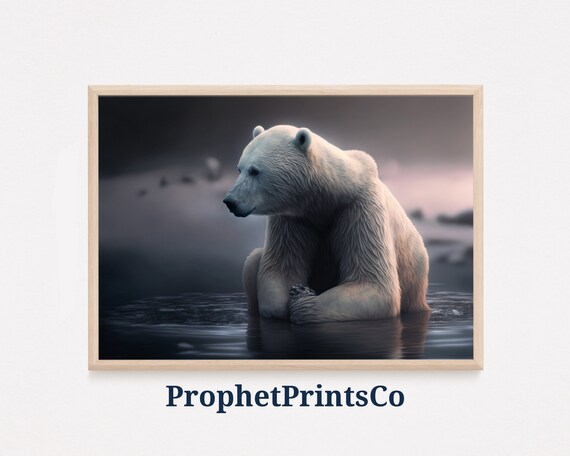 Moody Polar Bear Resting in Dark Arctic Water Wildlife Art Poster