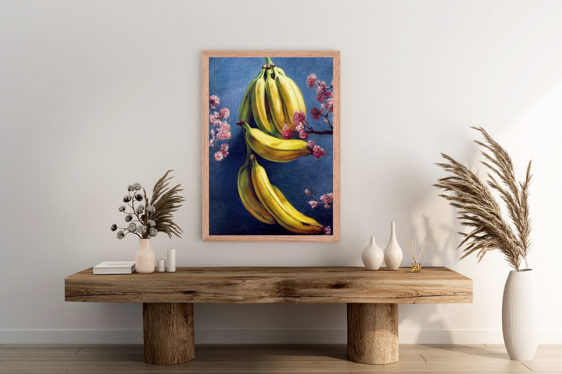 Bananas Cherry Blossom Blue Fruit Still Life Painting Kitchen Poster - Image 2