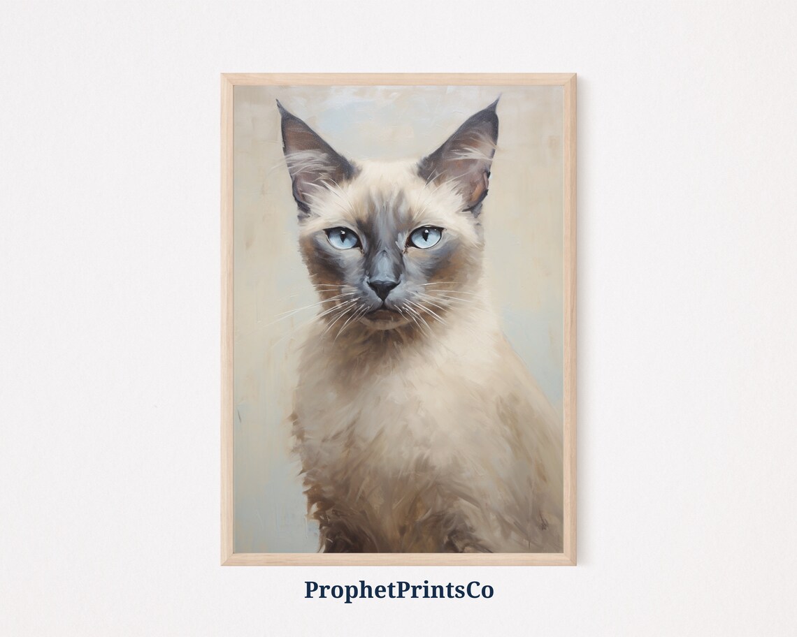 Siamese Cat Blue Eyes Portrait Oil Painting Cat Lover Wall Poster
