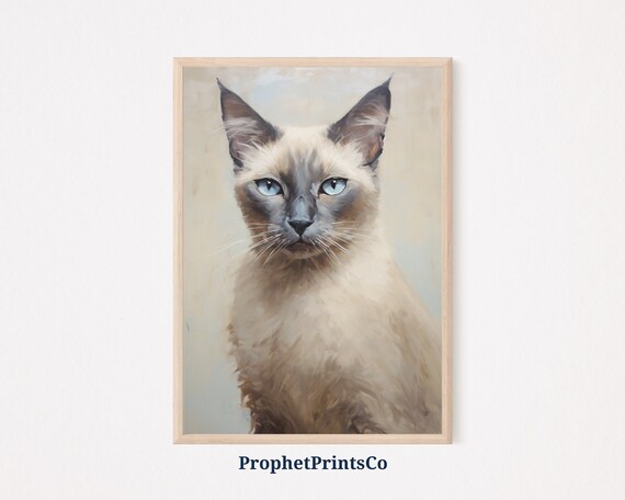 Siamese Cat Blue Eyes Portrait Oil Painting Cat Lover Wall Poster