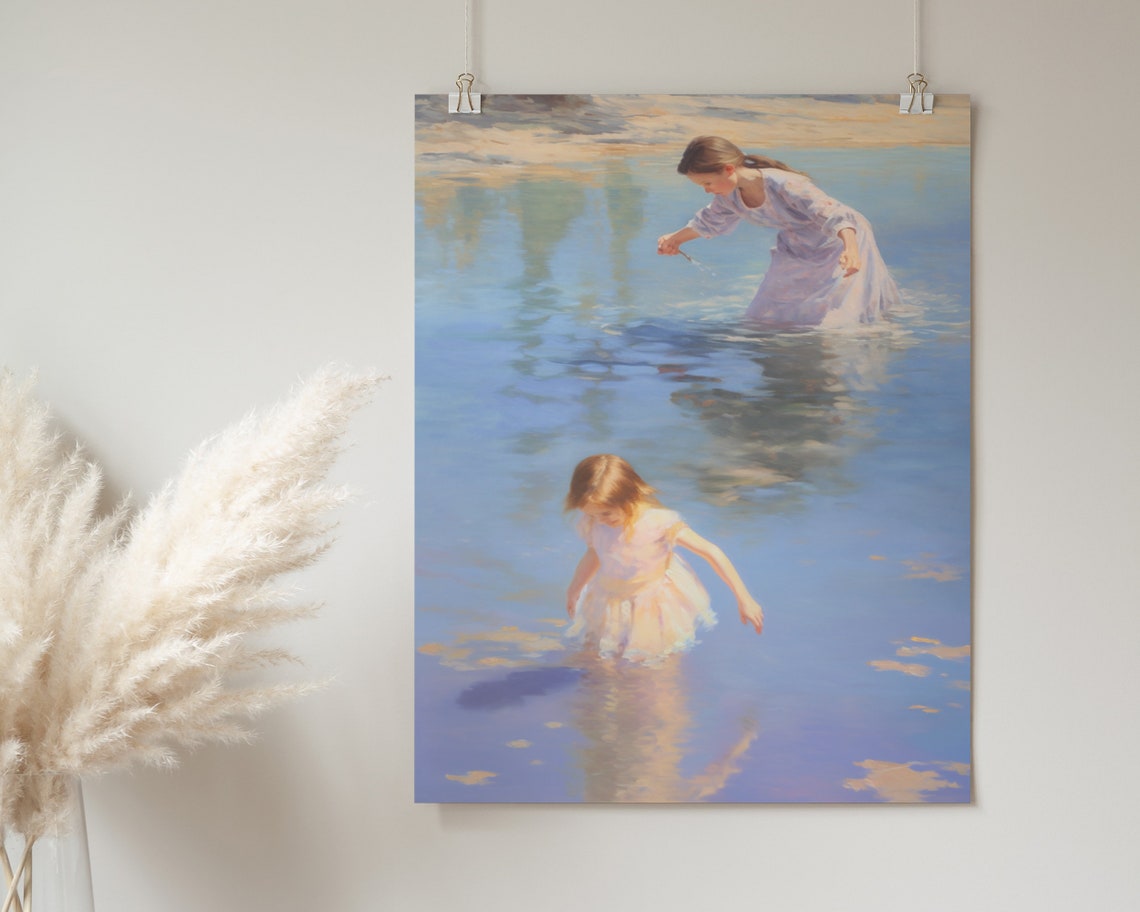 Mother and Child Wading Blue Water Impressionist Painting Poster - Image 2