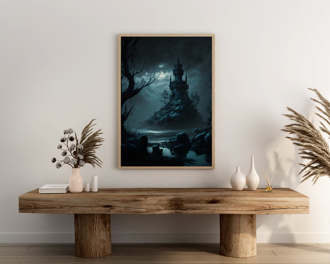 Gothic Castle on Rocky Island Moonlit Night Lake Dark Art Poster - Image 3