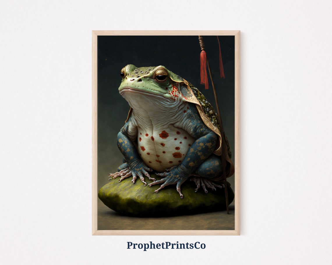 Japanese Frog Sage With Cloak and Staff Resting on a Mossy Rock Poster