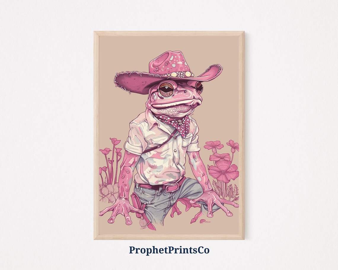 Pink Cowboy Frog Hat Jeans Desert Flowers Western Funny Art Poster