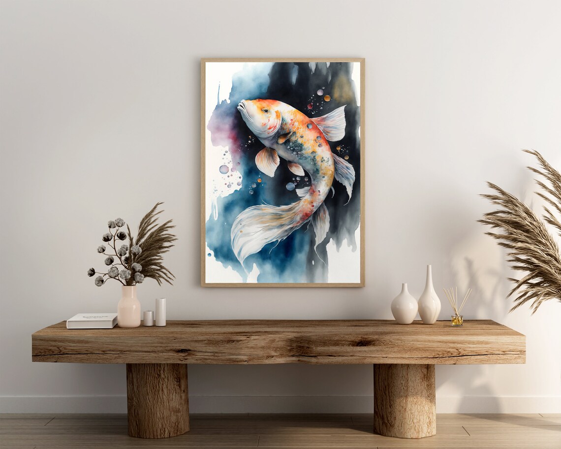 Koi Fish Watercolor Flowing White Fins Dark Ink Wash Art Poster - Image 3