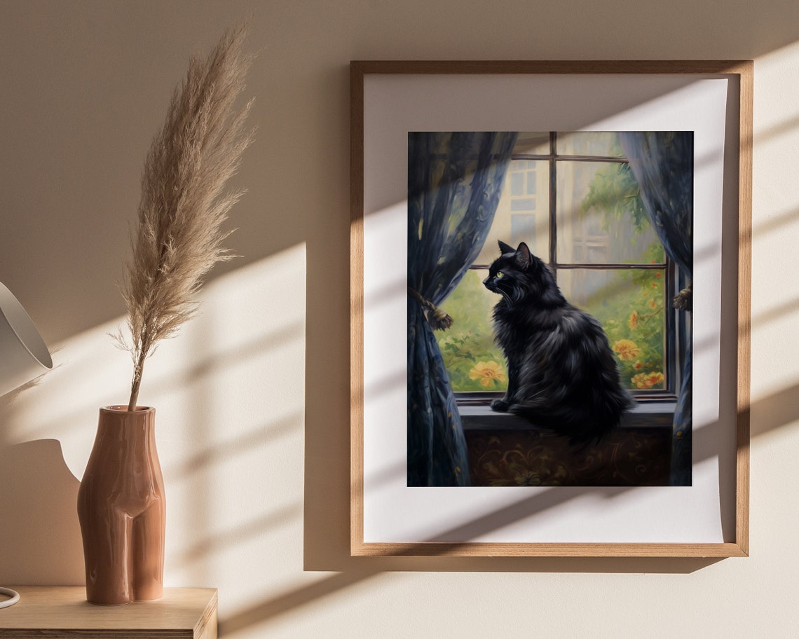 Black Cat By Window Blue Curtains Vintage Cat Painting Poster - Image 4