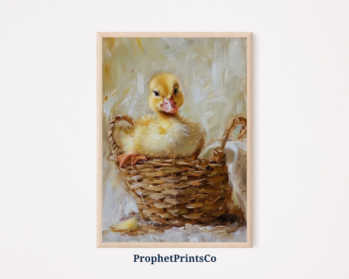 Baby Duckling Wicker Basket Soft Oil Painting Cute Nursery Poster