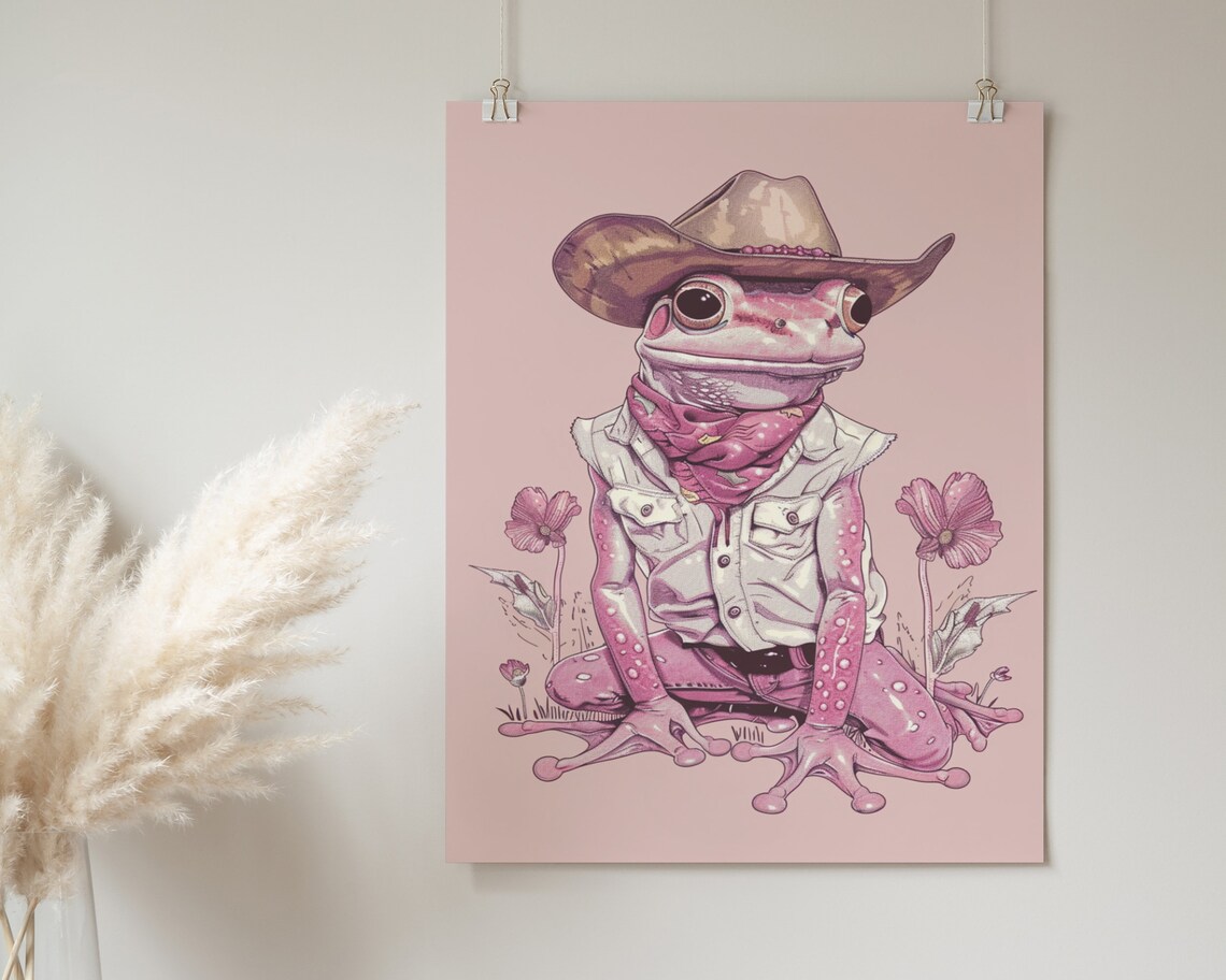 Pink Cowgirl Frog Denim Vest Western Wildflowers Funny Art Poster - Image 2
