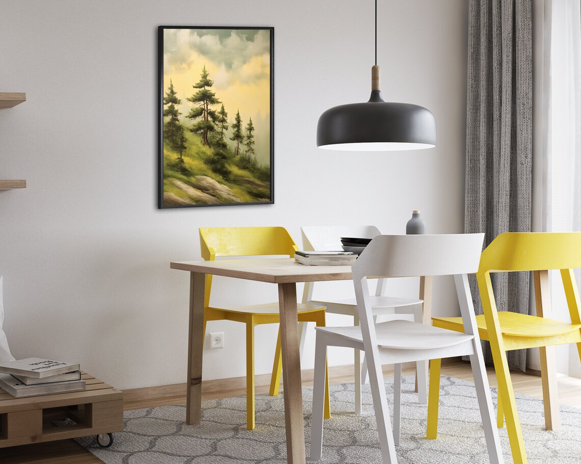 Foggy Pine Forest Oil Painting with Golden Morning Light Poster - Image 2