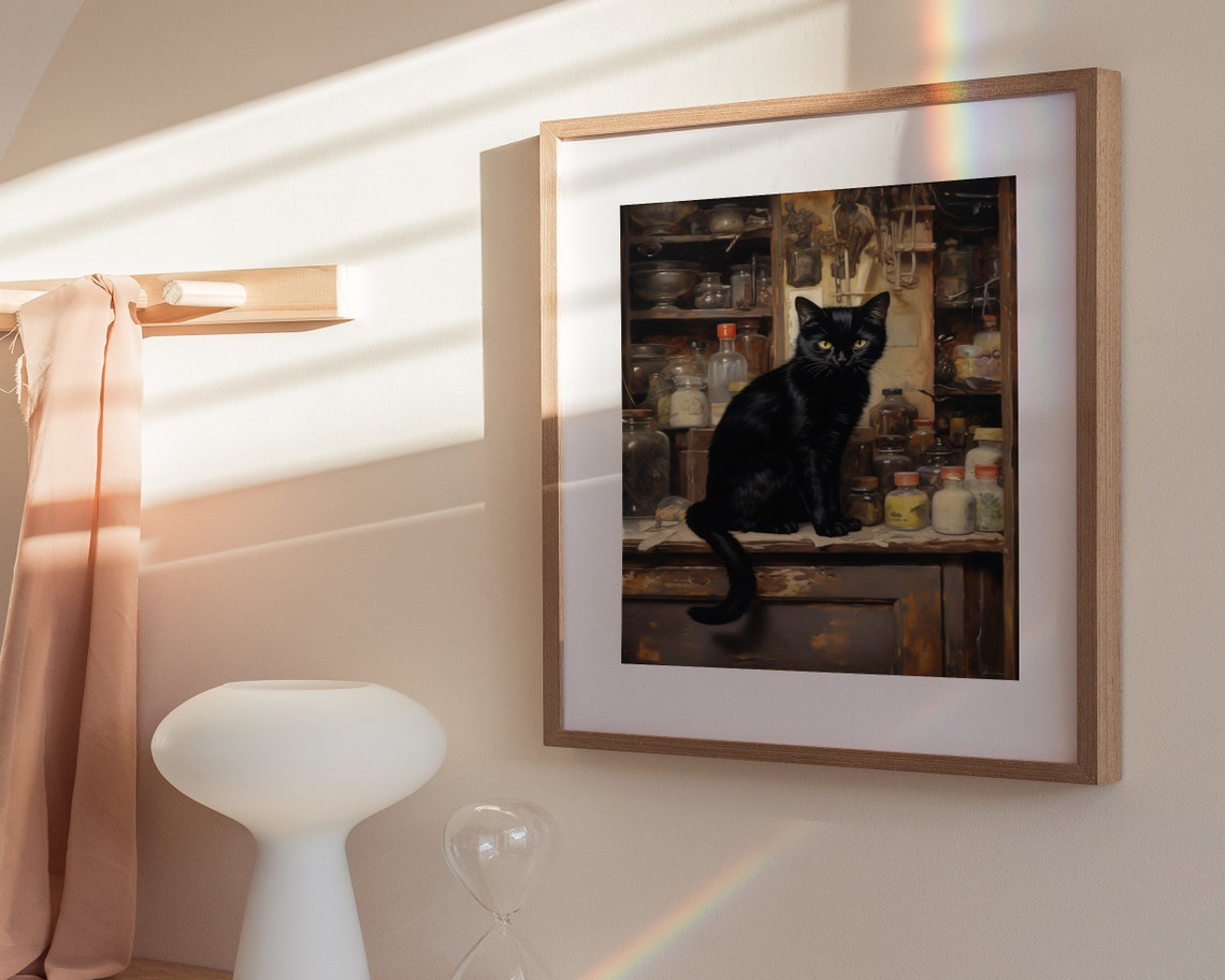 Black Cat On Vintage Apothecary Counter Painterly Cat Art Poster - Image 3