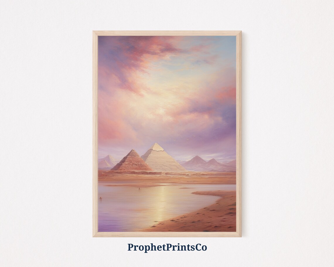 Giza Pyramids Pink Dawn Sky Pastel Oil Painting Egypt Poster