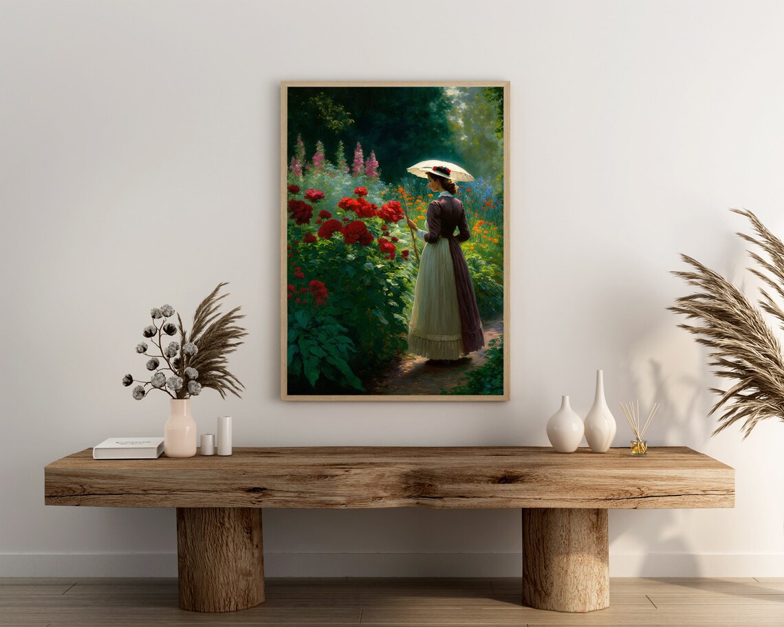 Lady With a Parasol Among Crimson Roses in a Lush Flower Garden Poster - Image 3
