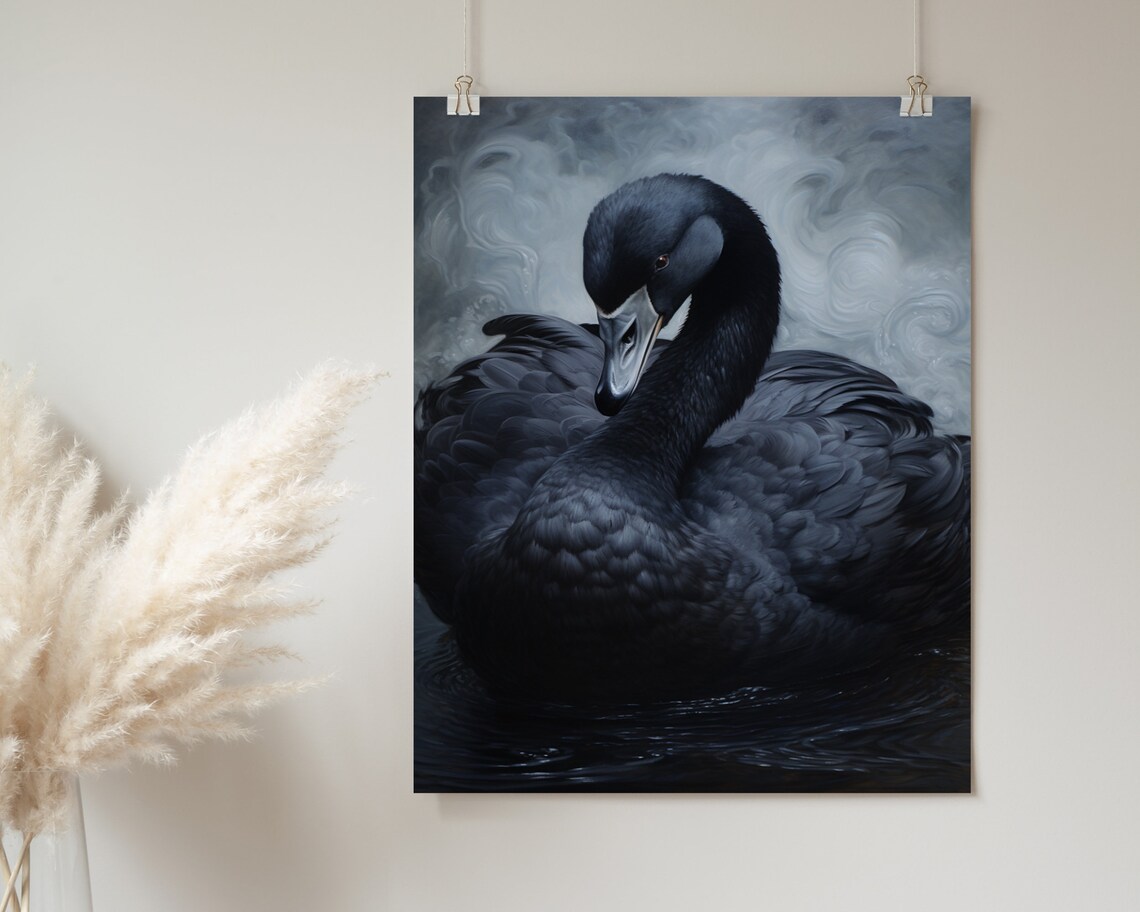 Black Swan Portrait Swirling Gray Background Painting Poster - Image 2
