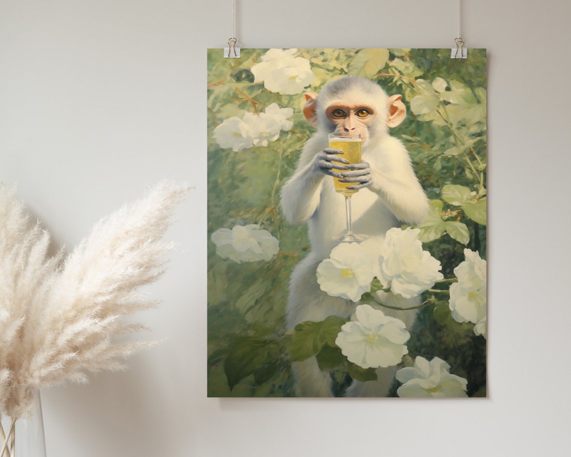 Monkey Cocktail Print Monkey Gentleman Print Retro Wall Art Cute Preppy Apartment Wall Art Wall Art - Image 2