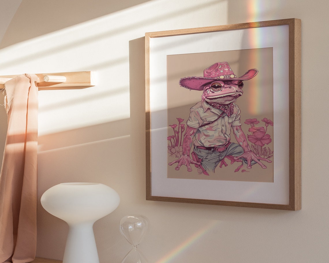 Pink Cowboy Frog Hat Jeans Desert Flowers Western Funny Art Poster - Image 3