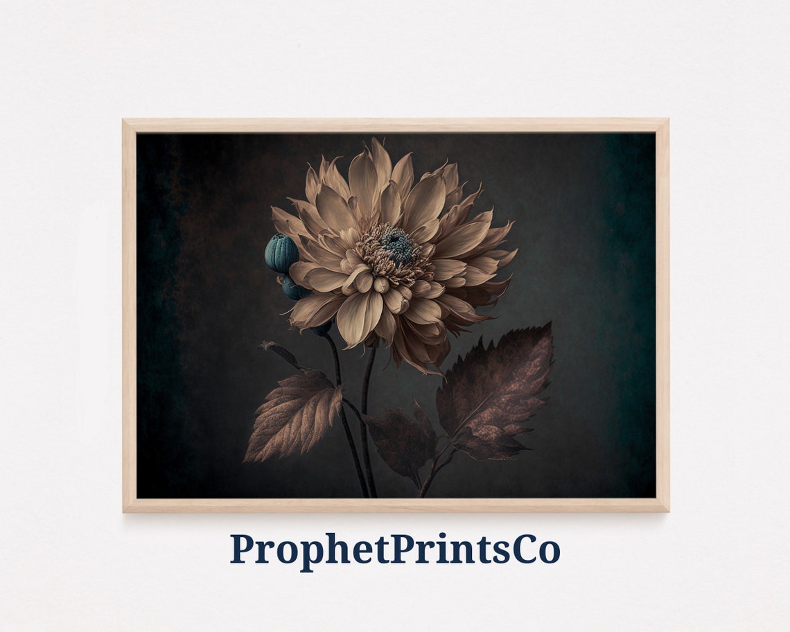 Moody Vintage Pale Flower With Teal Buds on Dark Background Art Poster