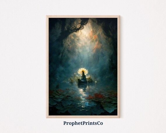 Spiritual Meditation Before Glowing Lotus in Sacred Cave Poster