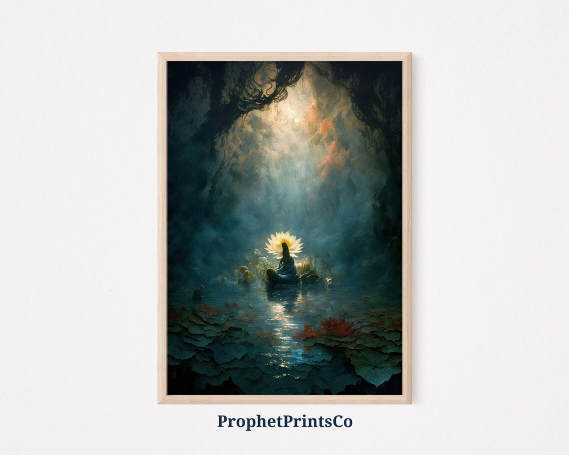 Spiritual Meditation Before Glowing Lotus in Sacred Cave Poster