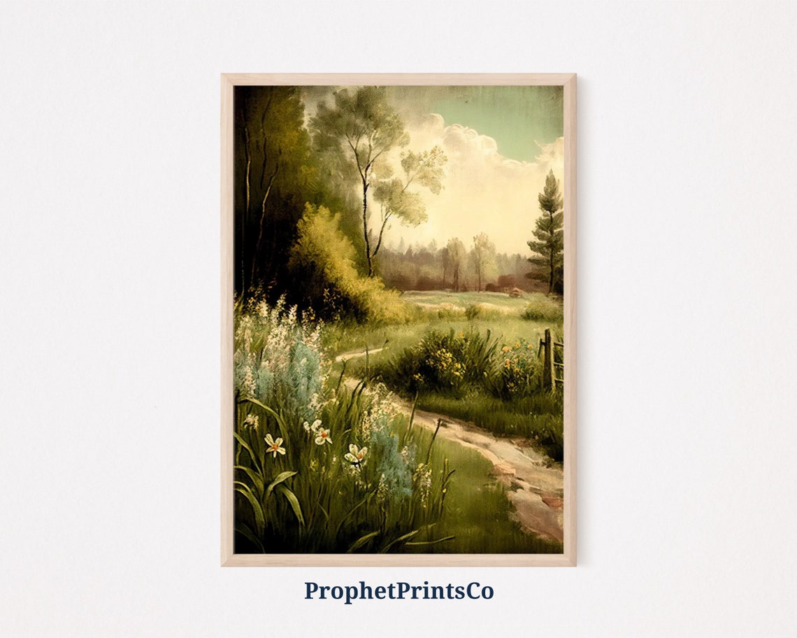 Muted Vintage Meadow Path Wildflowers Trees Soft Sky Art Poster