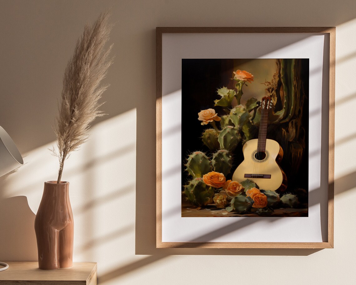 Classical Guitar with Cacti and Orange Roses Moody Still Life Painting Poster - Image 4
