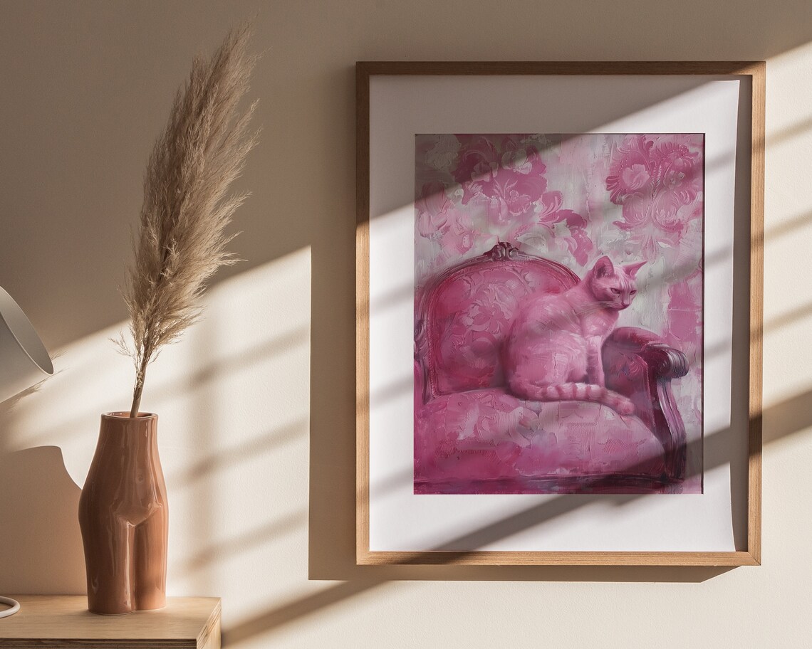 Pink Cat on Velvet Chair Floral Oil Painting Cozy Glam Decor Poster - Image 4