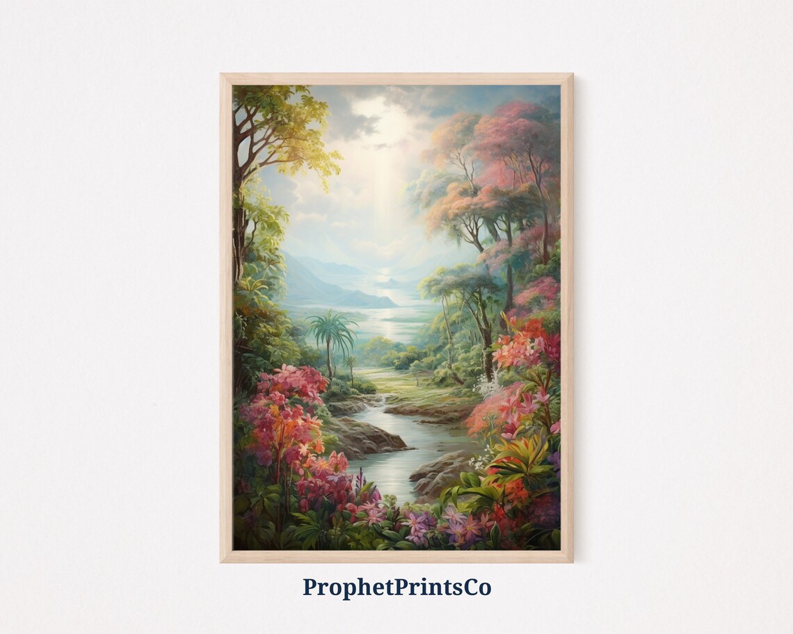 Tropical Garden Valley River Flowers Landscape Painting Poster