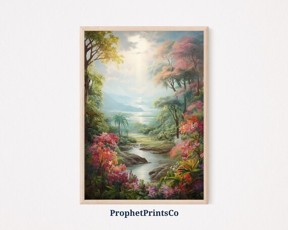 Tropical Garden Valley River Flowers Landscape Painting Poster