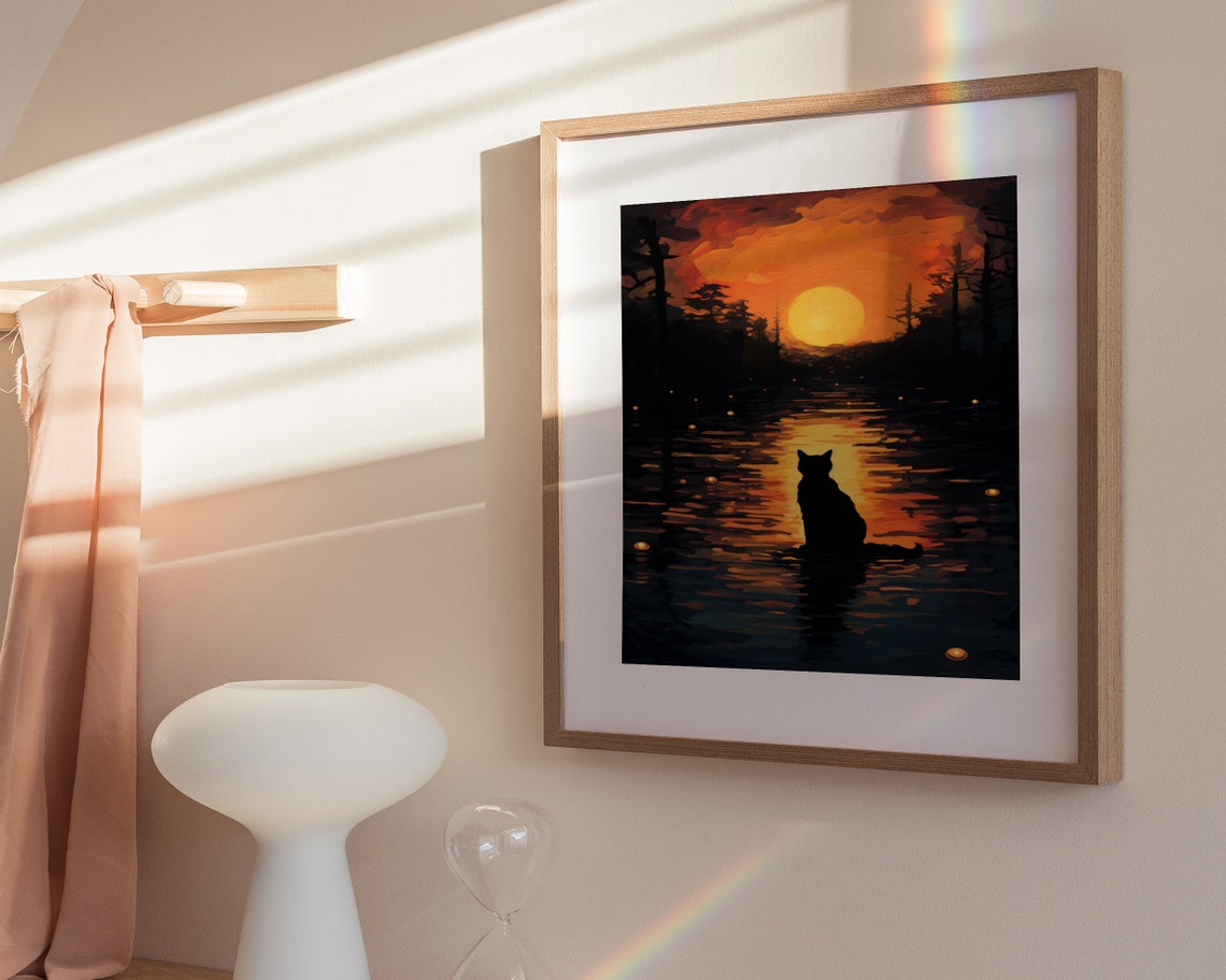Black Cat Silhouette Watching Sunset Over Water Moody Art Poster - Image 3