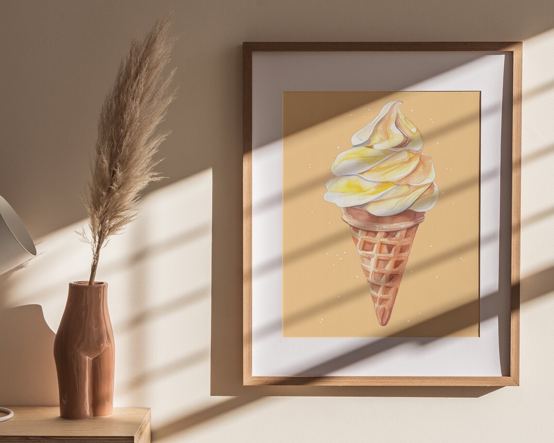 Yellow Watercolor Soft Serve Ice Cream Cone Peach Retro Dessert Poster - Image 3