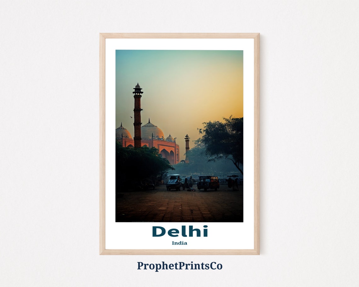 Delhi India Domed Mosque Gate at Dusk Rickshaws Travel Art Poster