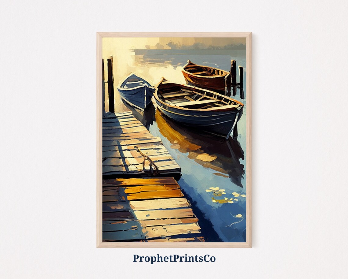 Wooden Boats At Misty Harbor Dock Impressionist Nautical Oil Poster