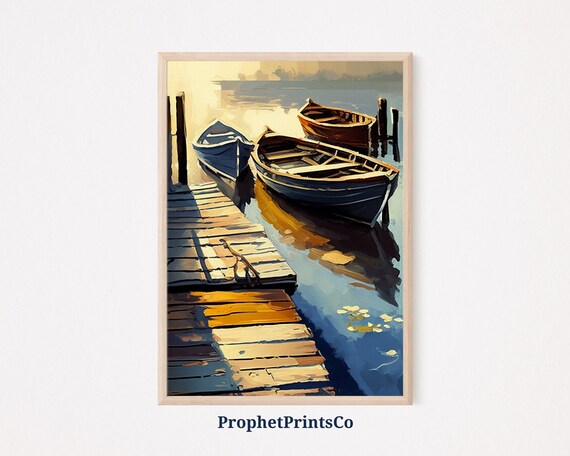 Wooden Boats At Misty Harbor Dock Impressionist Nautical Oil Poster