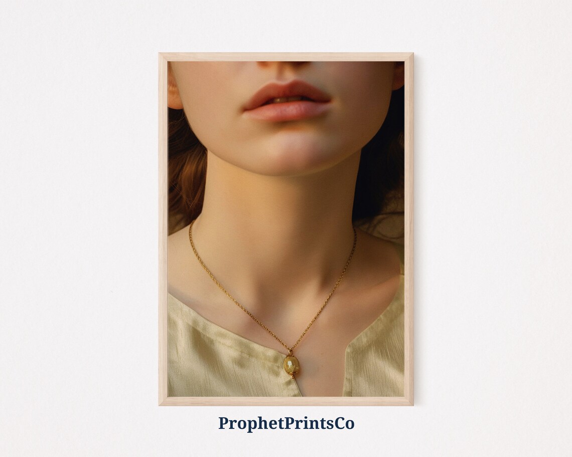 Woman Gold Pendant Ivory Blouse Soft Light Portrait Art Poster