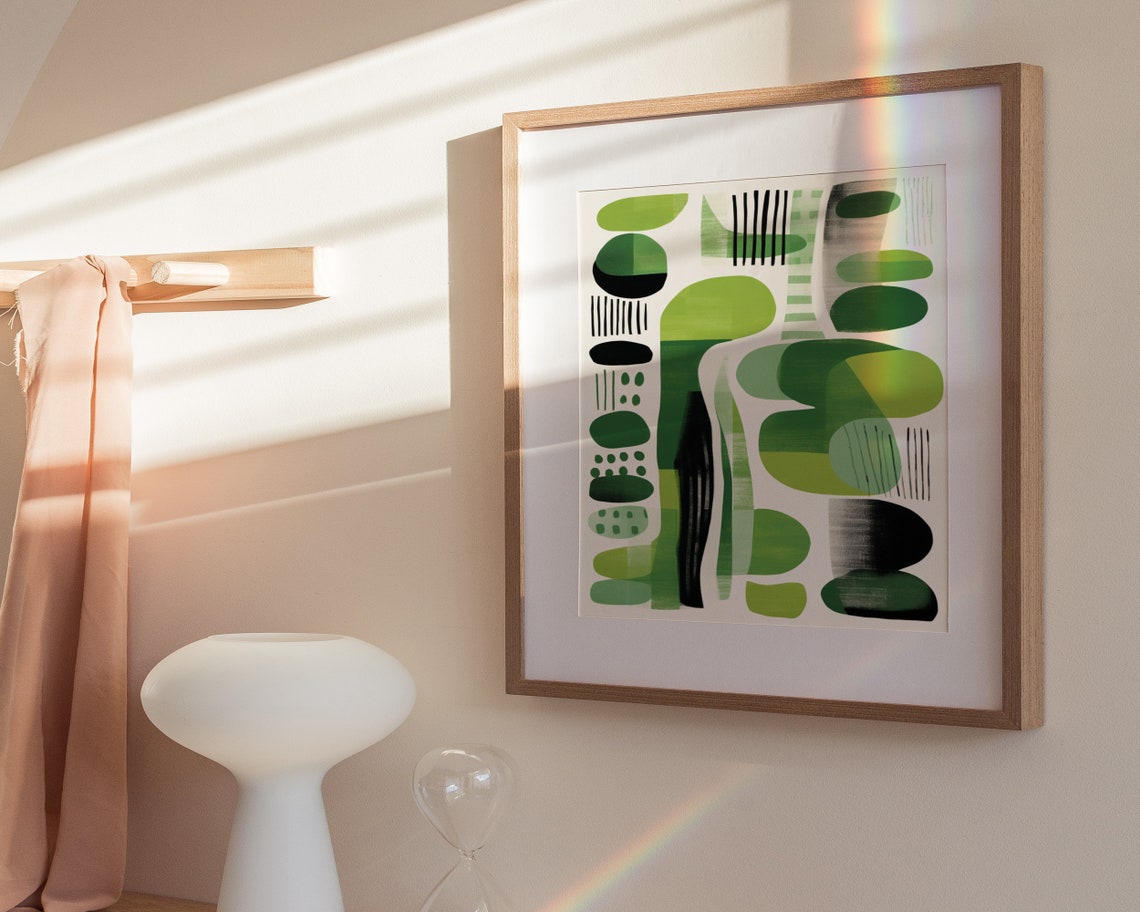 Green Abstract Boho Organic Shapes With Black Line Art Poster - Image 3