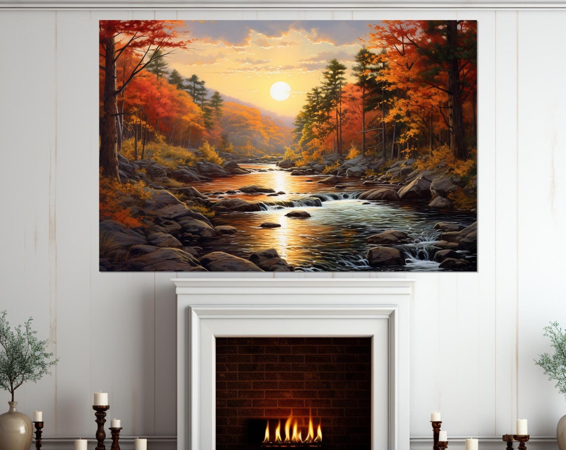 Autumn Forest River Sunrise Golden Fall Foliage Landscape Poster