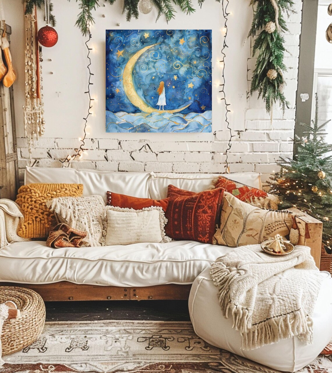 Moon And Girl, Dreamy Cosmic Night Sky Art - Image 4