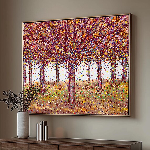 Vibrant Forest Wall Art Print Colorful Dots Painting Modern Wall Art Contemporary Nature Inspired Artwork Home Or Office Decor