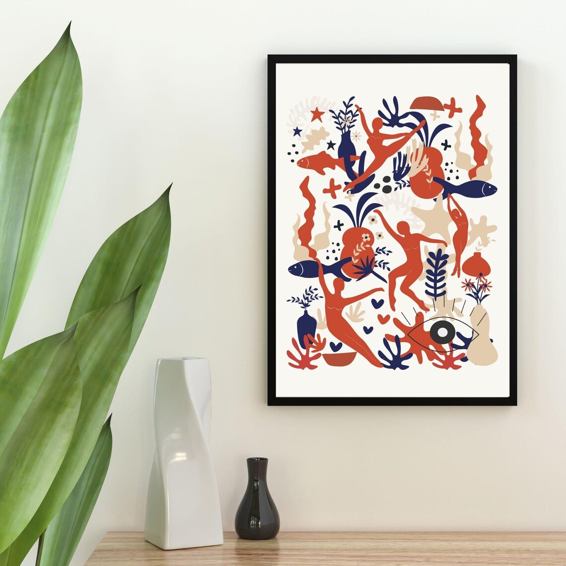 Matisse Inspired Dancing Figures Fish Botanical Abstract Terracotta Wall Art Poster - Image 2