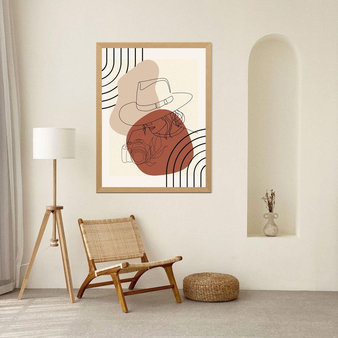 Boho Woman With Hat And Camera Line Art Abstract Wall Poster - Image 5