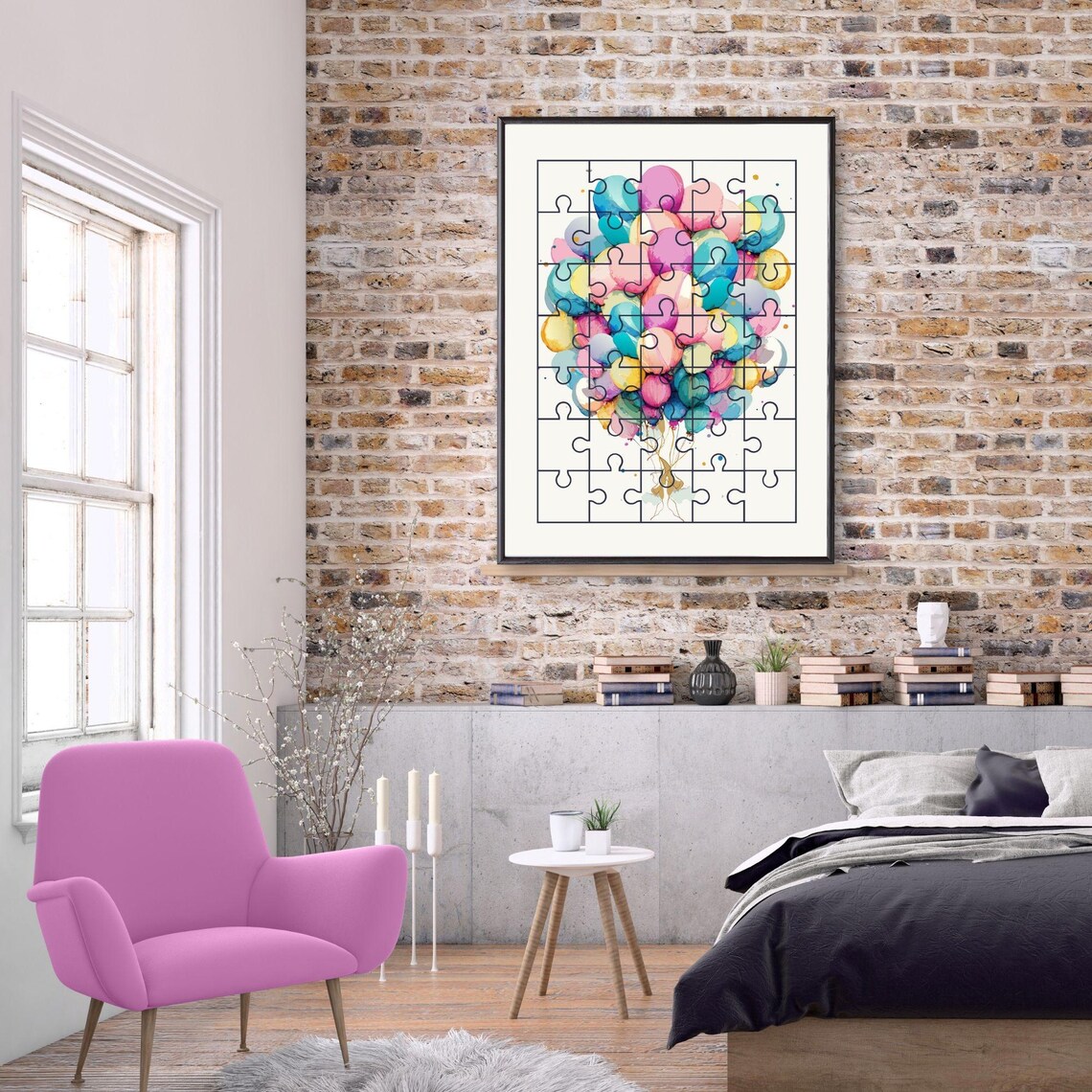 Puzzle Flying Balloons, Minimalist Fun Decor Poster