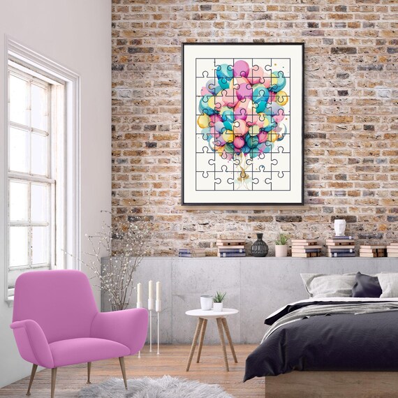 Puzzle Flying Balloons, Minimalist Fun Decor Poster