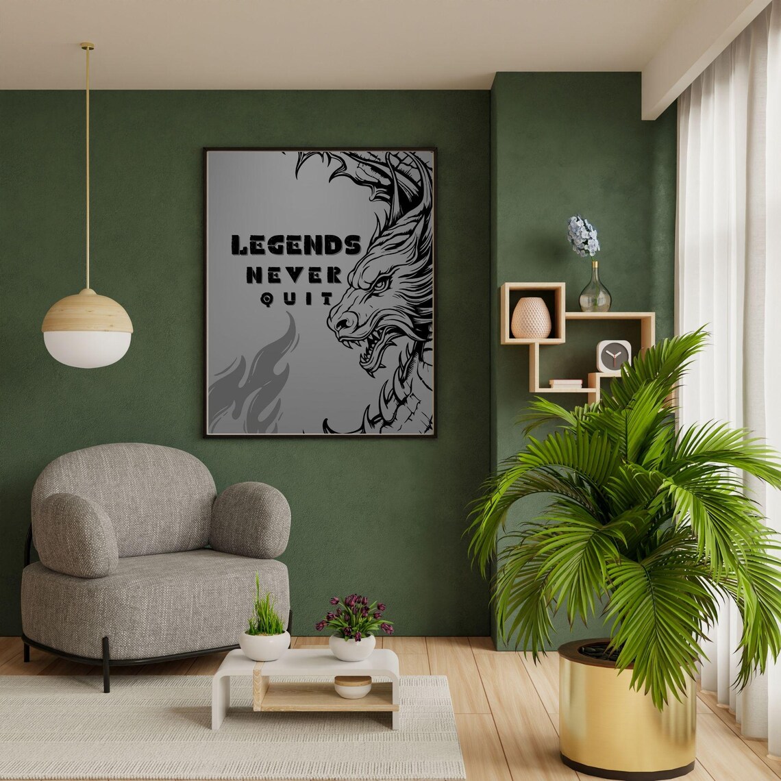 Legends Never Quit Fierce Dragon Head Motivational Masculine Wall Art Poster - Image 5