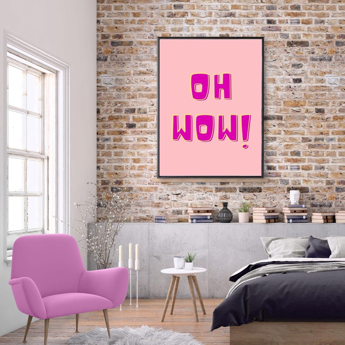 Oh Wow Retro Bubble Letter Positive Pink Pop Art Quote Wall Poster - Image 3