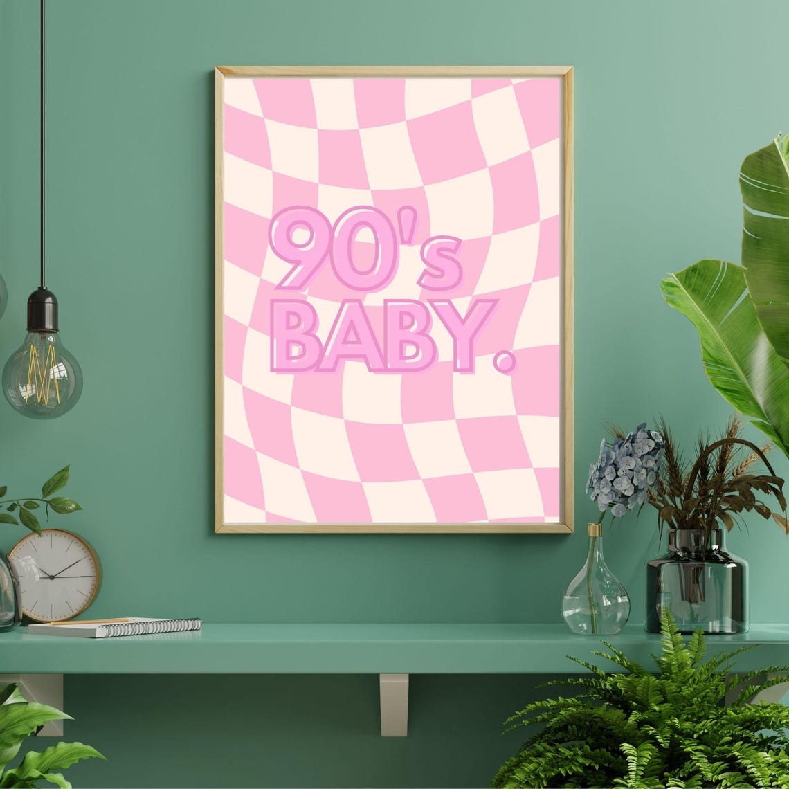 90s Baby Pink Retro Checkerboard Nostalgia Quote Wall Art Poster - Image 4