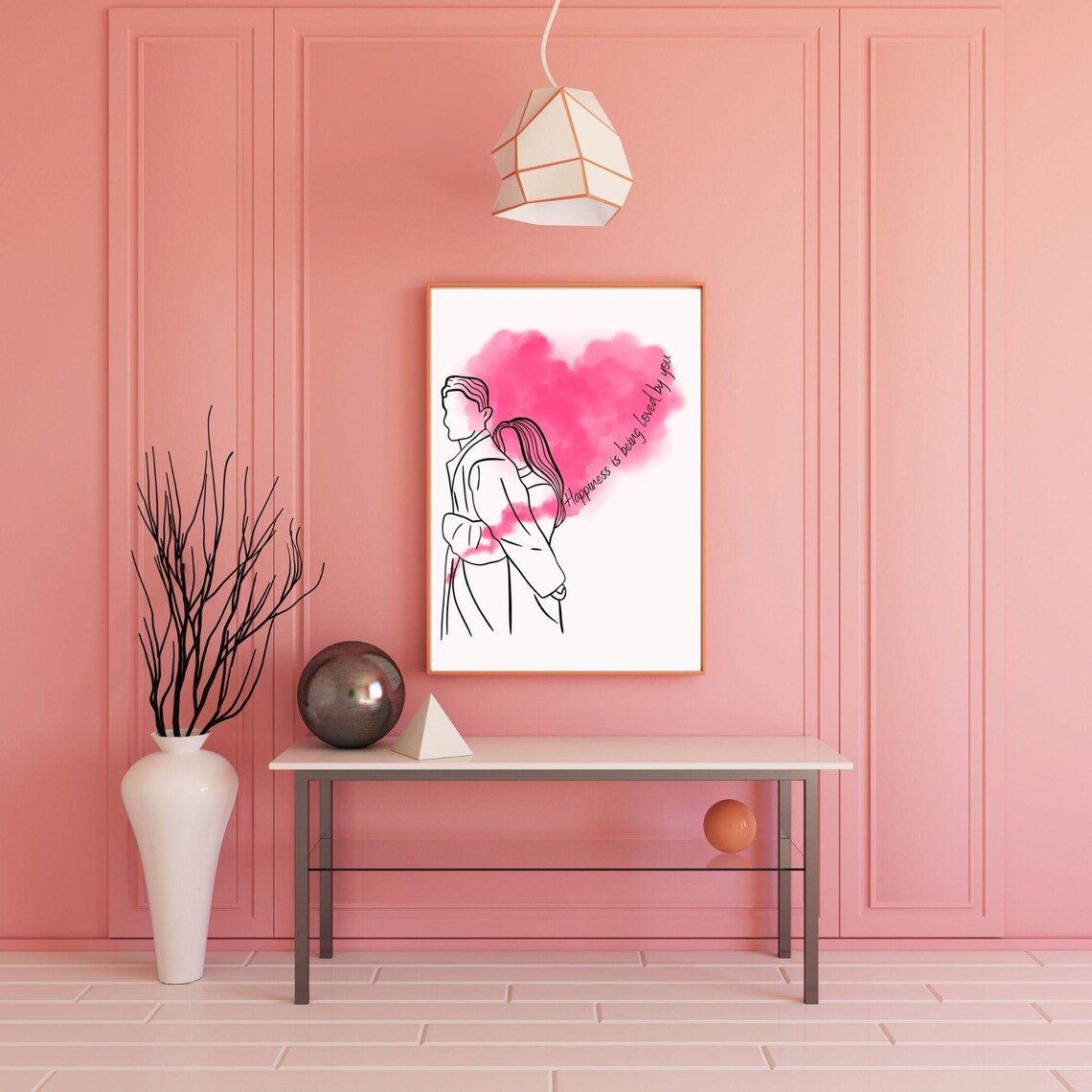 Happiness Is Being Loved By You Couple Line Art Pink Heart Wall Poster - Image 5