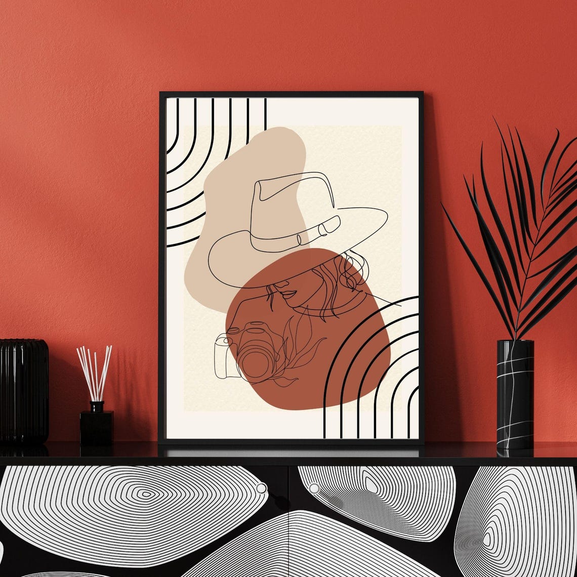 Boho Woman With Hat And Camera Line Art Abstract Wall Poster - Image 3