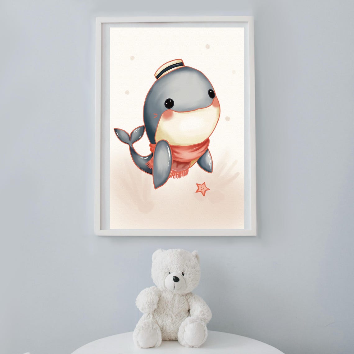 Cute Whale Watercolor Art With Scarf Summer Hat Nursery Wall Decor - Image 2