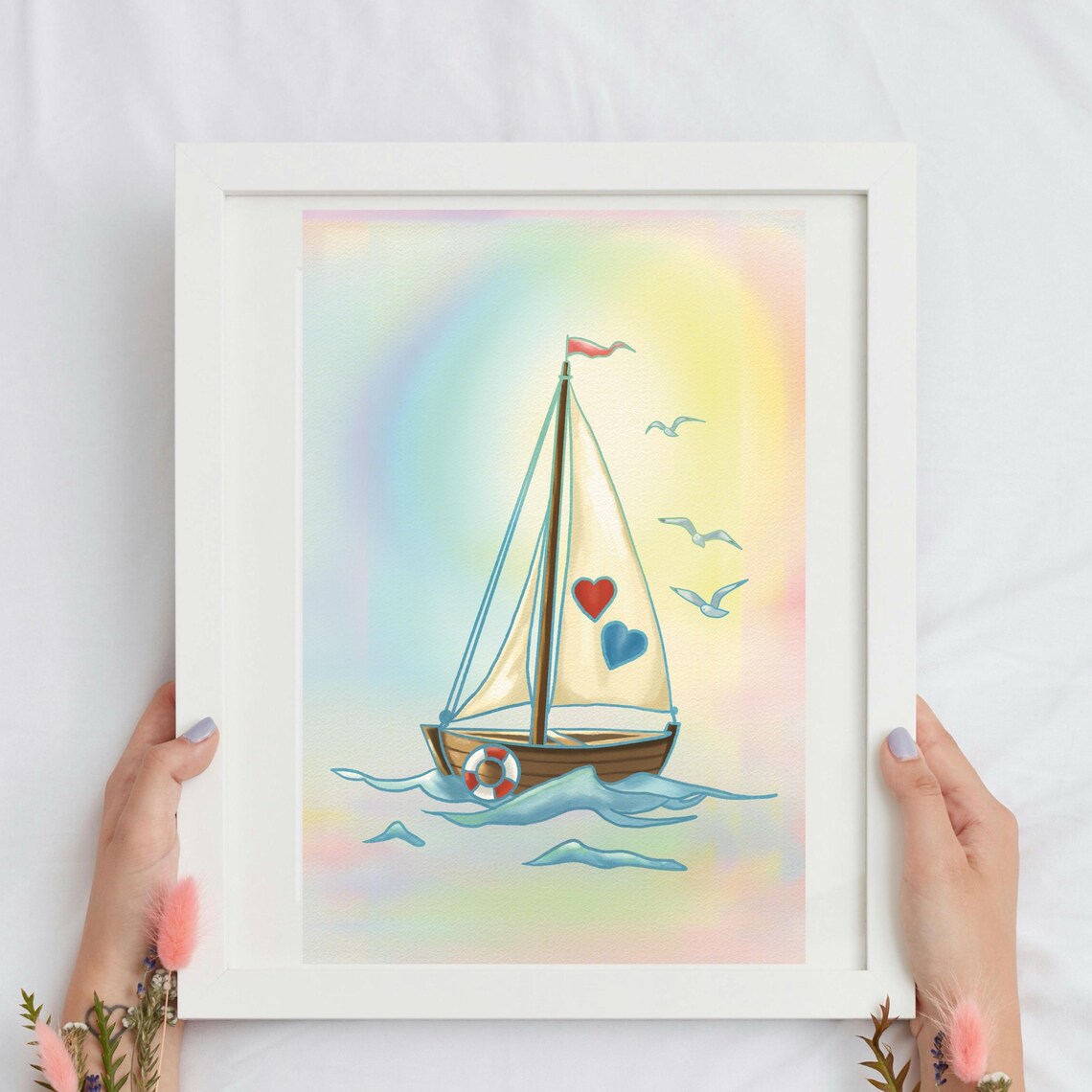 Sailboat With Heart Sails on Waves Rainbow Nautical Art Poster - Image 3