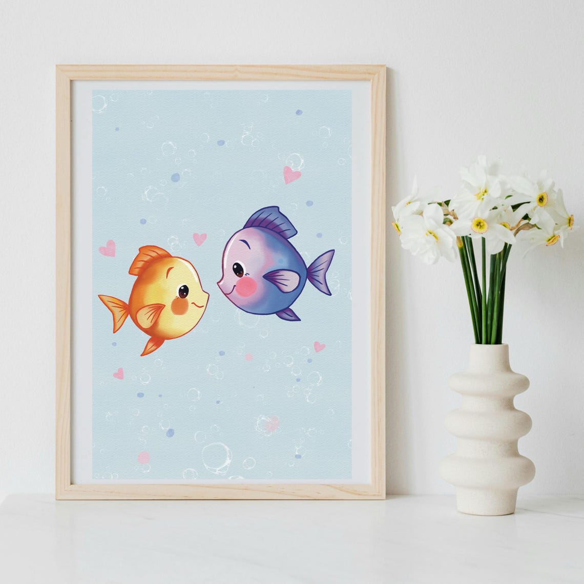 Two Cute Fish in Love Bubbles Underwater Heart Nursery Poster
