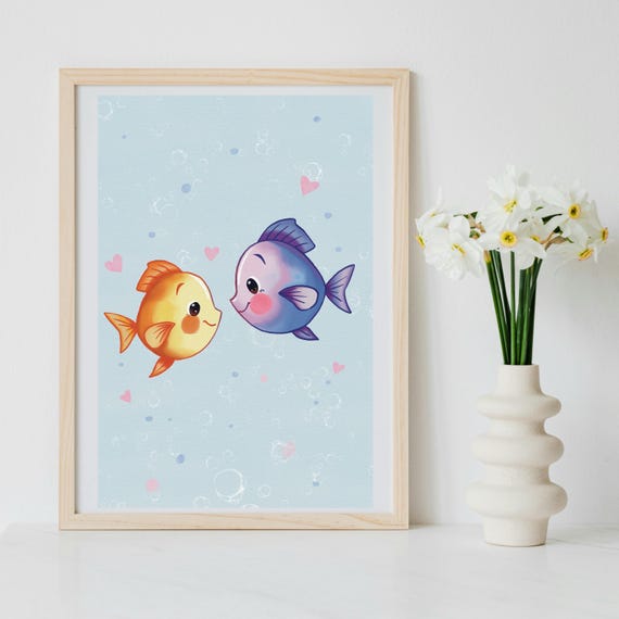 Cute Watercolor Fish In Love Print Ocean Animal Wall Art Romantic Couple Illustration Under The Sea Nursery Or Bathroom Decor